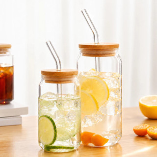 (Sz to 500ml) Set Ly Thủy Tinh Nắp Gỗ Kèm Ống Hút Cao Cấp 550ml, Cốc Đựng Matcha, Cà Phê, Nước Detox - Hibi