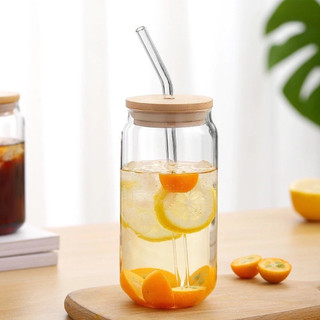 (Sz to 500ml) Set Ly Thủy Tinh Nắp Gỗ Kèm Ống Hút Cao Cấp 550ml, Cốc Đựng Matcha, Cà Phê, Nước Detox - Hibi