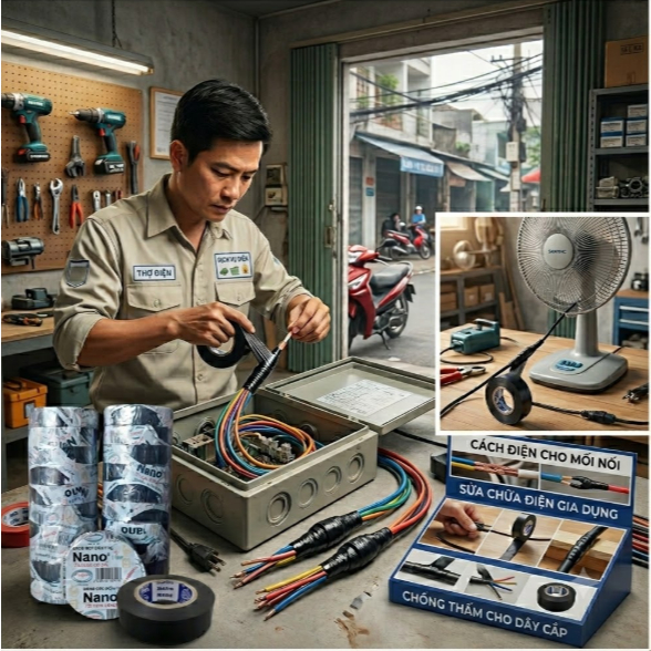 Băng keo điện, băng keo PVC đen Nano combo 5 cuộn cách điện chịu nhiệt chống cháy