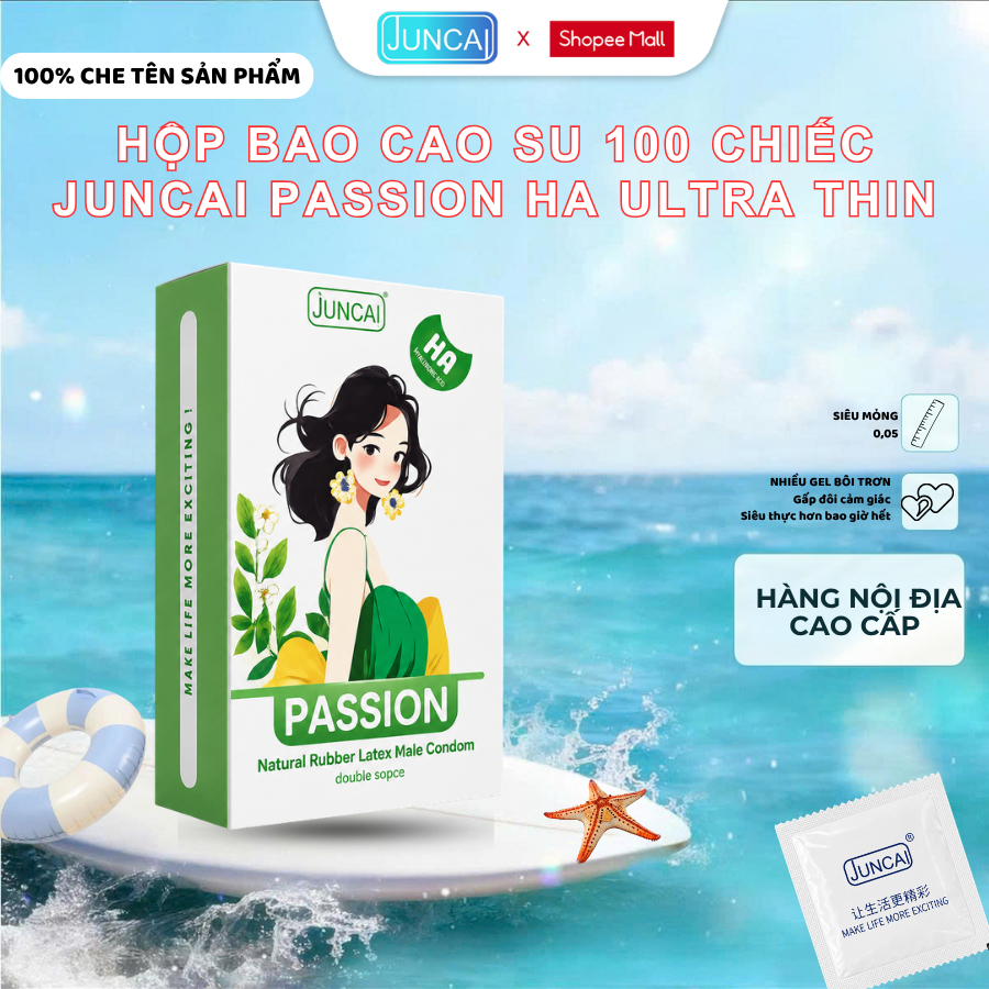 [Hộp-100 chiếc] Bao cao su JUNCAI Passion HA Ultra Thin siêu mỏng trơn nhiều gel, bcs gel bôi trơn gốc nước
