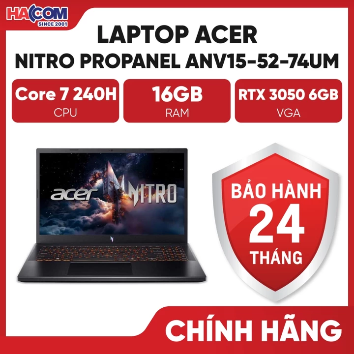 Laptop Acer Gaming Nitro V15 ProPanel ANV15-52-74UM (Core 7-240H/16GB/512GB/RTX3050/6GB/15.6" FHD/Win11) - BH 24 Tháng