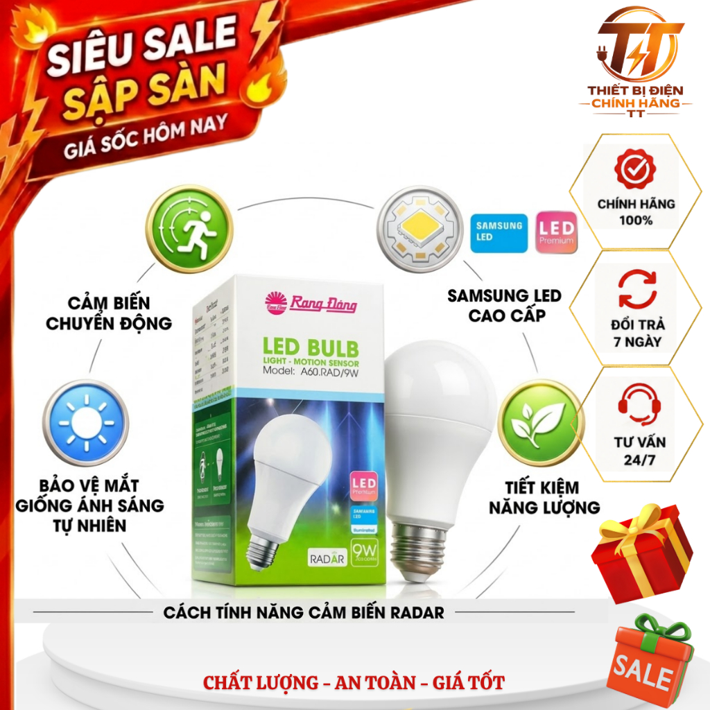 Bóng đèn led, dèn cảm biến Radar Rạng Đông A60.RAD/9W 9W tự động bật tắt chuyển động