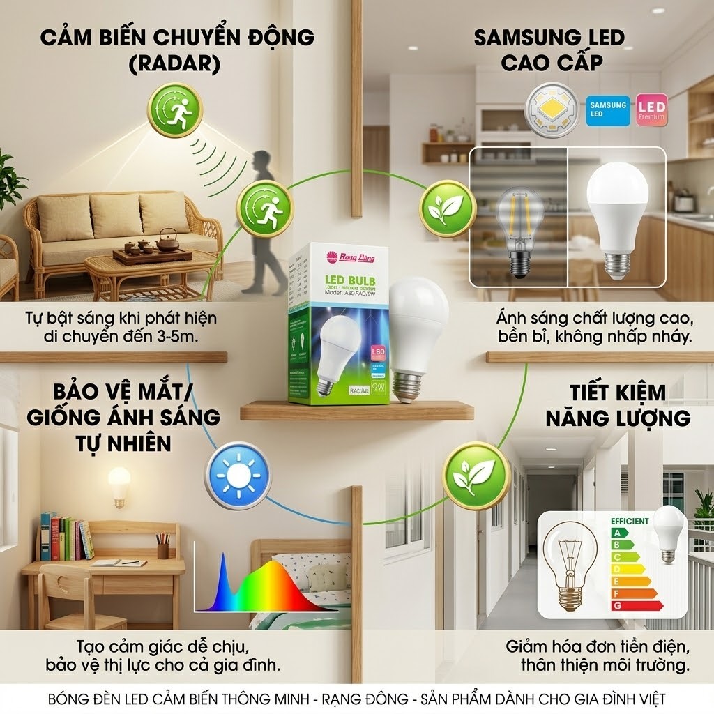 Bóng đèn led, dèn cảm biến Radar Rạng Đông A60.RAD/9W 9W tự động bật tắt chuyển động