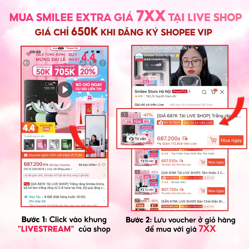 [GIÁ 620K TẠI LIVE SHOP] Trắng răng Smilee Extra, bộ kit làm trắng răng từ 2-6 tone tại nhà, bộ quà tặng cho nữ, LIS