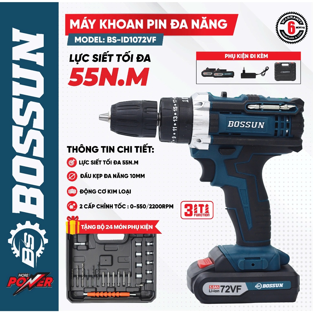 Bộ máy Khoan pin BS BOSSUN BS-ID1072VF, 3 chức năng có búa - 2pin sạc - Tặng bộ phụ kiện 24 chi tiết