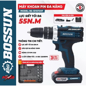 Bộ máy Khoan pin BS BOSSUN BS-ID1072VF, 3 chức năng có búa - 2pin sạc - Tặng bộ phụ kiện 24 chi tiết