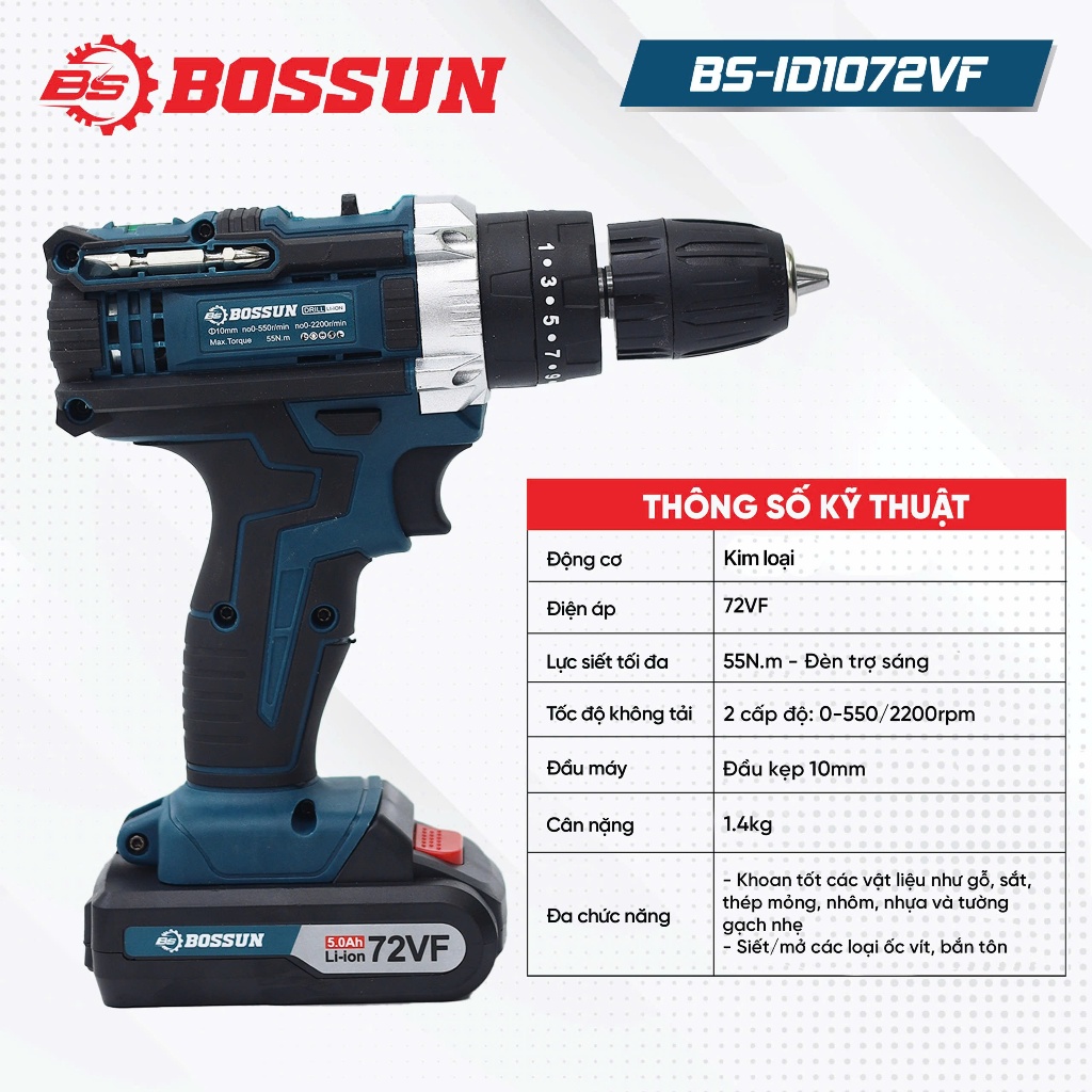 Bộ máy Khoan pin BS BOSSUN BS-ID1072VF, 3 chức năng có búa - 2pin sạc - Tặng bộ phụ kiện 24 chi tiết