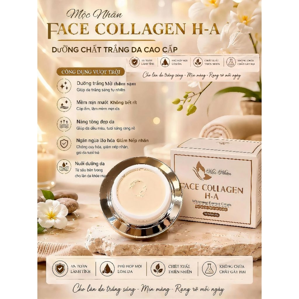 Chính Hãng Kem Face Colagen HA Mộc Nhân Làm Trắng Sáng Da Đều Màu Da Chống Lão Hóa Ngừa Mụn Mờ Thâm Sạm An Lành Tính