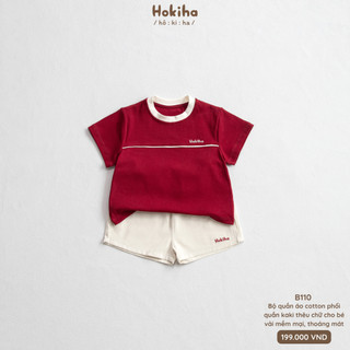 Bộ Cộc Tay Thêu Chữ Mí Viền Cho Bé Trai, Bé Gái Hokiha Áo Cotton Mềm Mại, Quần Kaki Thoáng Mát Size 8-17kg B110