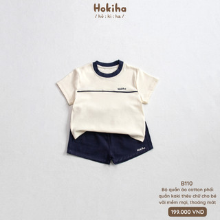 Bộ Cộc Tay Phối Cổ Thêu Chữ Mí Viền Cho Bé Hokiha Áo Cotton Mềm Mại, Quần Kaki Thoáng Mát Size 8-17kg B110
