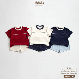 Bộ Cộc Tay Thêu Chữ Mí Viền Cho Bé Trai, Bé Gái Hokiha Áo Cotton Mềm Mại, Quần Kaki Thoáng Mát Size 8-17kg B110