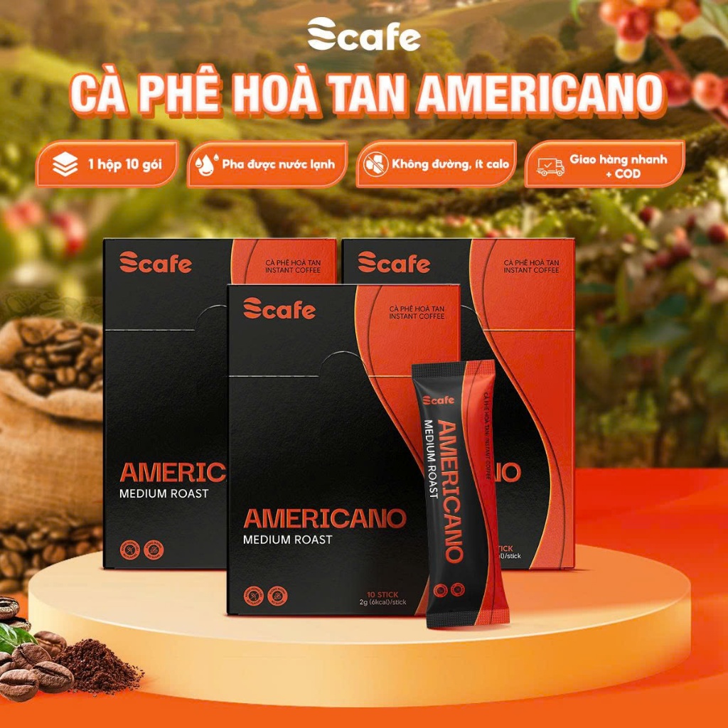 Cà Phê Đen Hòa Tan Không Đường Scafe Việt Nam Americano Hộp 10 gói x 2g