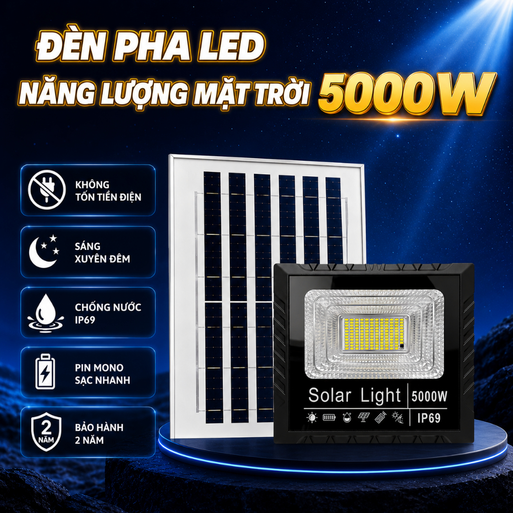 Đèn Năng Lượng Mặt Trời - Công Suất 5000W - Vỏ Nhựa ABS-Chống Nước IP69 - Không tốn tiền điện. An toàn Tự động bật/tắt