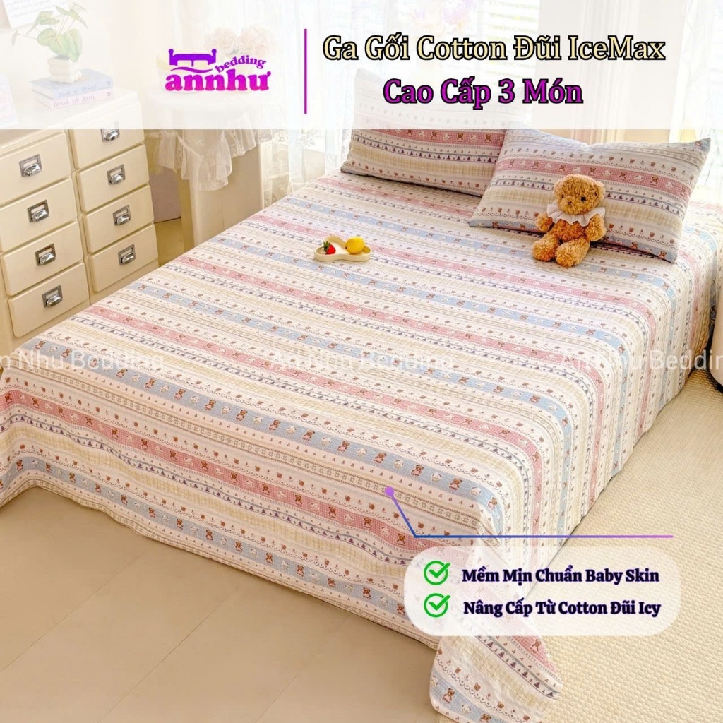 Bộ Ga Gối Cotton Đũi IceMax Cao Cấp 3 Món – Mềm Mịn Chuẩn Baby Skin, Thoáng Mát An Như Bedding
