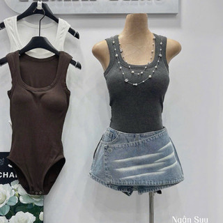 QCL1 3681 Áo bodysuits cotton tăm sát nách sẵn đệm ngực siêu tôn dáng