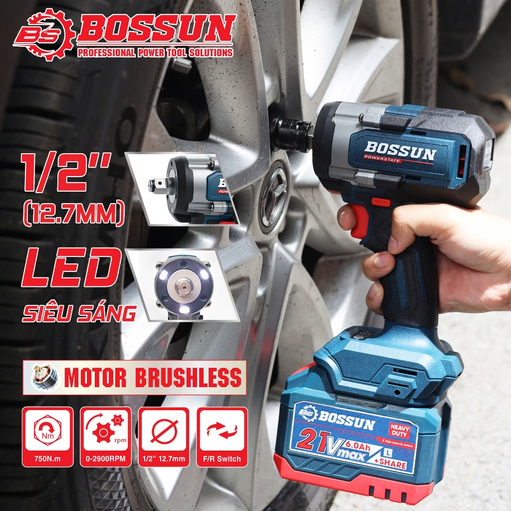 Máy Siết Mở Ốc Ô Tô Siêu Khỏe BS BOSSUN BS-IW750N, Lực Siết 750N.m, Chỉnh Tốc 3 Cấp  - Không Than