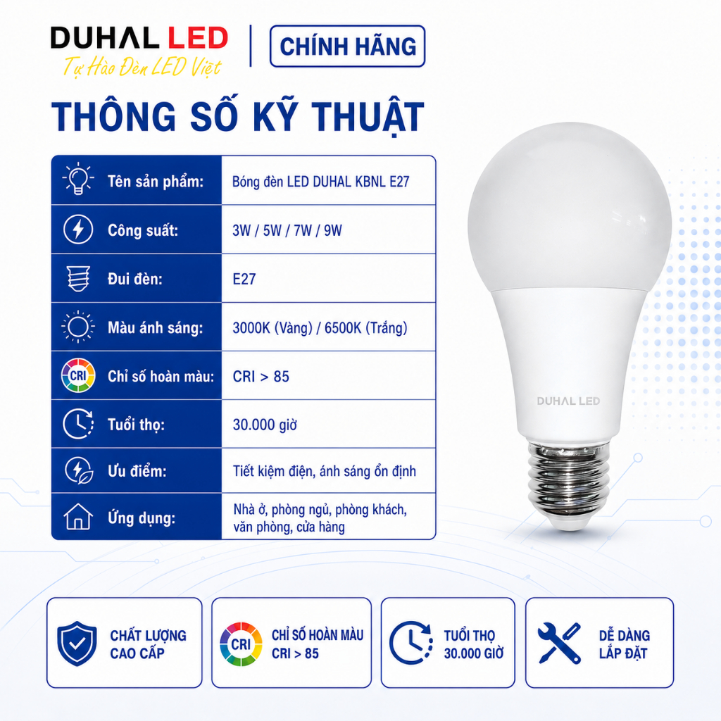 Bóng Đèn Led Tròn DUHAL KBNL Ánh Sáng Trắng/Vàng, Bóng Bulb Siêu sáng 3W 5W 7W 9W