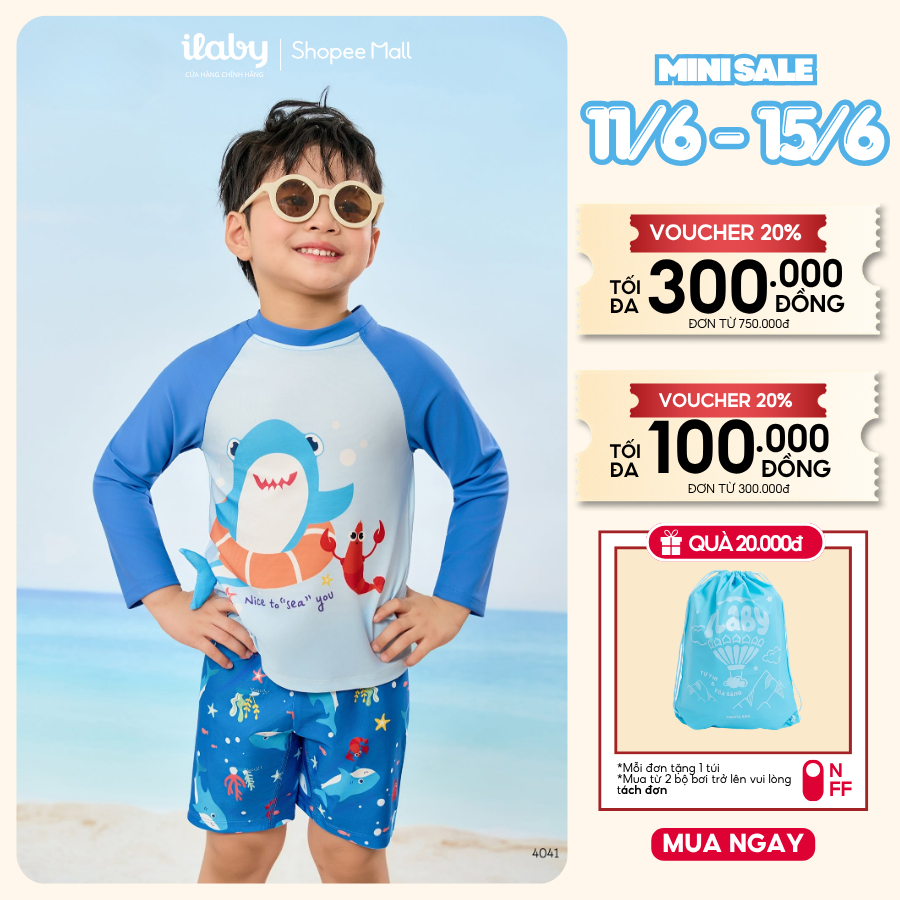 [ILABY 10-43kg] Đồ bơi bé trai, bộ bơi rời tay dài chất thun co giãn chống nước, chống nắng [4041]