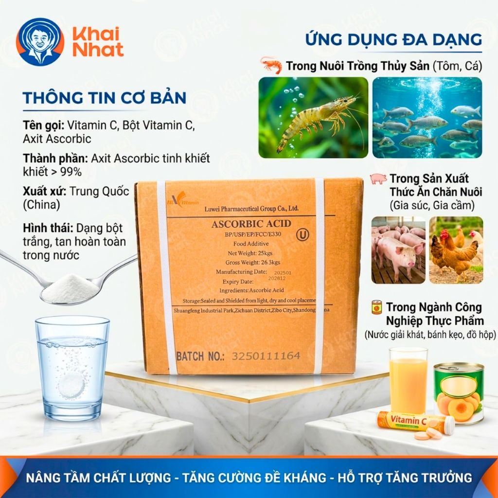 Vitamin C bột nguyên liệu (25kg/thùng) - Ascorbic Acid hàng chuẩn BP/USP/EP/FCC/E300