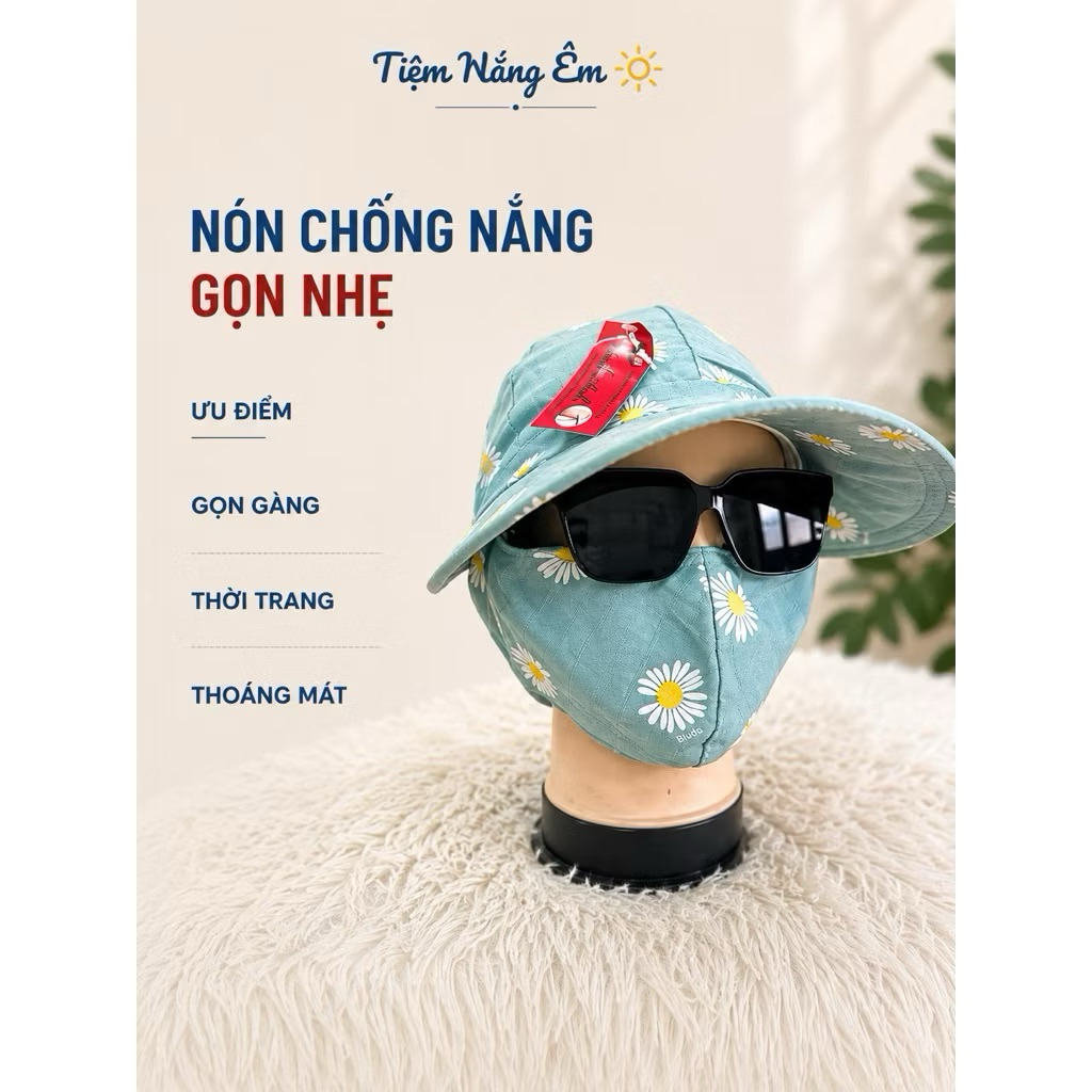 Nón mũ chống nắng kèm khẩu trang vải đũi mát, che kín mặt, freesize