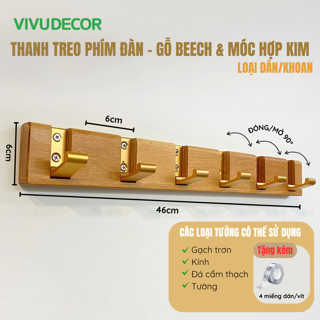 [Mẫu mới 2026] Móc Treo Quần Áo Gắn Tường Gỗ Tự Nhiên - Móc Gỗ Treo Đồ VIVUDECOR - Dán/Hít/Khoan