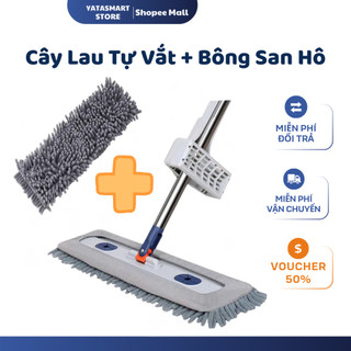[2 Bông Lau] Cây Lau Nhà Tự Vắt Bông San Hô Siêu Sạch, Chổi Lau Nhà Tự Vắt Thông Minh Xoay 360 Độ