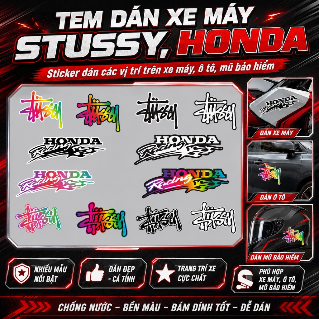 Tem Dán Xe Máy STUSSY, Honda. Decal Trang Trí Xe, Sticker Dán Các Vị Trí Trên Xe, Decal Cao Cấp Chống Nước