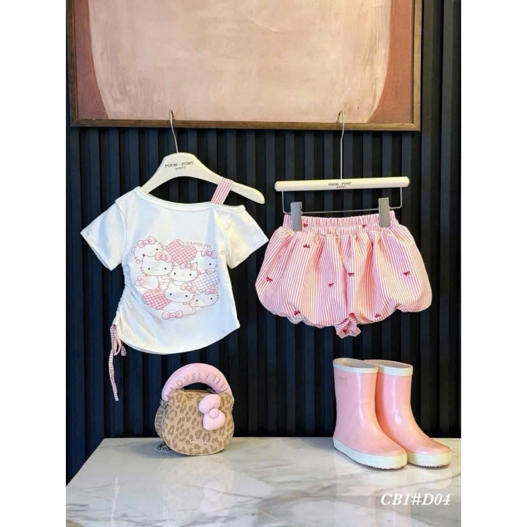 Đồ mặc nhà cho bé, set bé gái sành điệu, đồ bộ bé gái, áo lệch vai rút eo hình mèo mix quần bí kẻ nơ 10-30kg Hami Kids