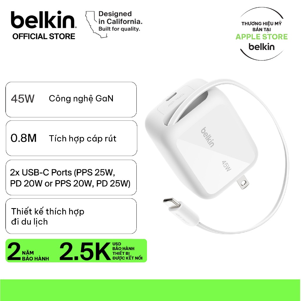 Củ Sạc Belkin GaN 45W 2 Cổng USB-C PD 3.1 PPS Kèm Cáp Rút 0.8m Sạc Nhanh iPhone iPad MacBook | BigBuy360 - bigbuy360.vn
