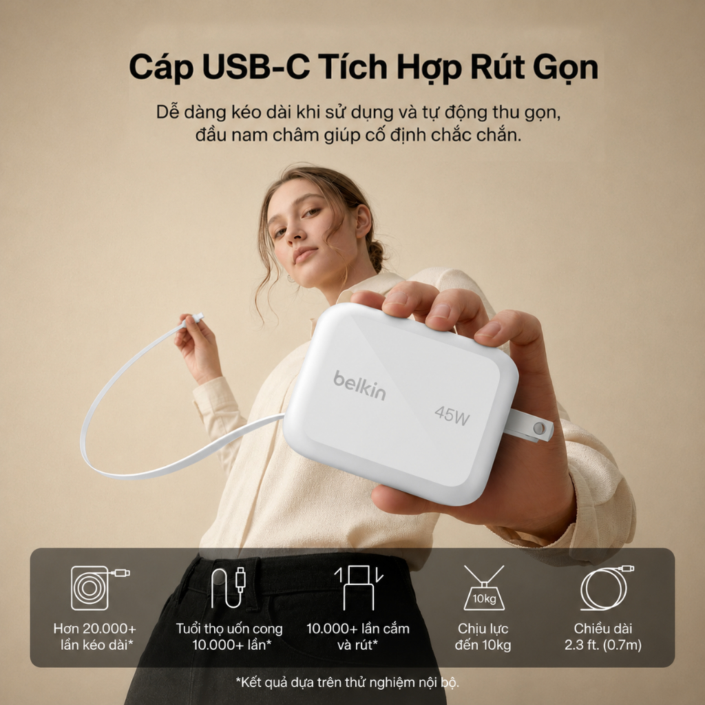 Củ Sạc Belkin GaN 45W 2 Cổng USB-C PD 3.1 PPS Kèm Cáp Rút 0.8m Sạc Nhanh iPhone iPad MacBook | BigBuy360 - bigbuy360.vn