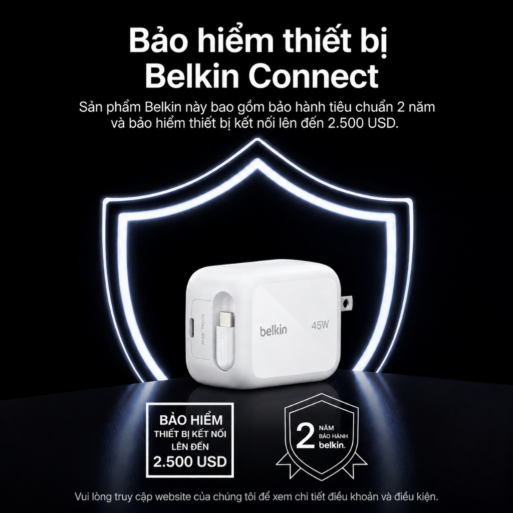 Củ Sạc Belkin GaN 45W 2 Cổng USB-C PD 3.1 PPS Kèm Cáp Rút 0.8m Sạc Nhanh iPhone iPad MacBook | BigBuy360 - bigbuy360.vn