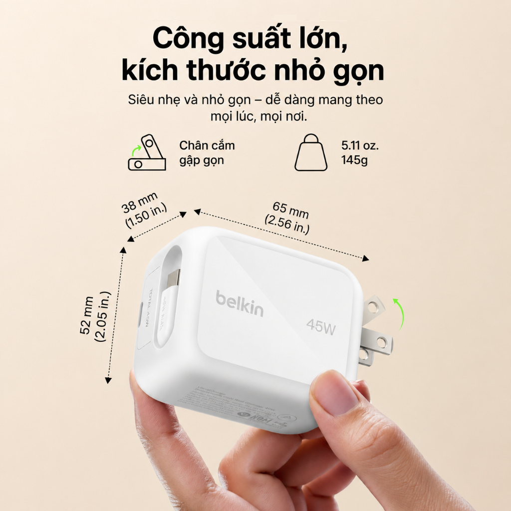 Củ Sạc Belkin GaN 45W 2 Cổng USB-C PD 3.1 PPS Kèm Cáp Rút 0.8m Sạc Nhanh iPhone iPad MacBook | BigBuy360 - bigbuy360.vn