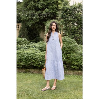 SWANLAKE | Váy Đầm Nữ Suông Đuôi Cá Sát Nách Cotton Sọc Cổ Trụ Xẻ V Cài Nút Đi Chơi Dạo Phố D13912