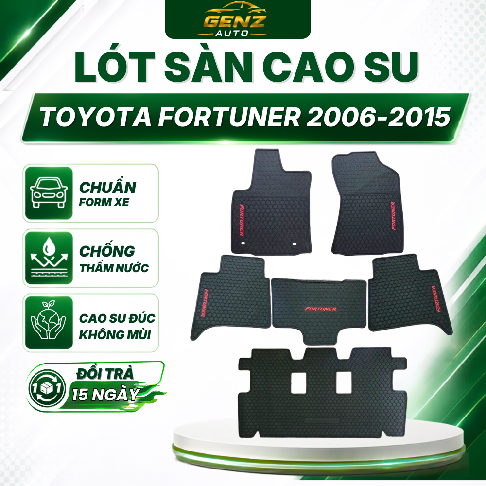 THẢM LÓT SÀN CAO SU xe Toyota Fortuner đời 2006 -> 2015 sàn chữ đỏ 3 hàng, cao su cúc không mùi, dễ vệ sinh lau rửa