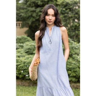 SWANLAKE | Váy Đầm Nữ Suông Đuôi Cá Sát Nách Cotton Sọc Cổ Trụ Xẻ V Cài Nút Đi Chơi Dạo Phố D13912