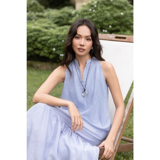 SWANLAKE | Váy Đầm Nữ Suông Đuôi Cá Sát Nách Cotton Sọc Cổ Trụ Xẻ V Cài Nút Đi Chơi Dạo Phố D13912