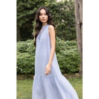 SWANLAKE | Váy Đầm Nữ Suông Đuôi Cá Cotton Sọc Cổ Trụ Xẻ V Cài Nút Sát Nách Du Lịch Dạo Phố D13912