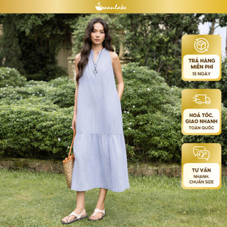 SWANLAKE | Váy Đầm Nữ Suông Đuôi Cá Cotton Sọc Cổ Trụ Xẻ V Cài Nút Sát Nách Du Lịch Dạo Phố D13912