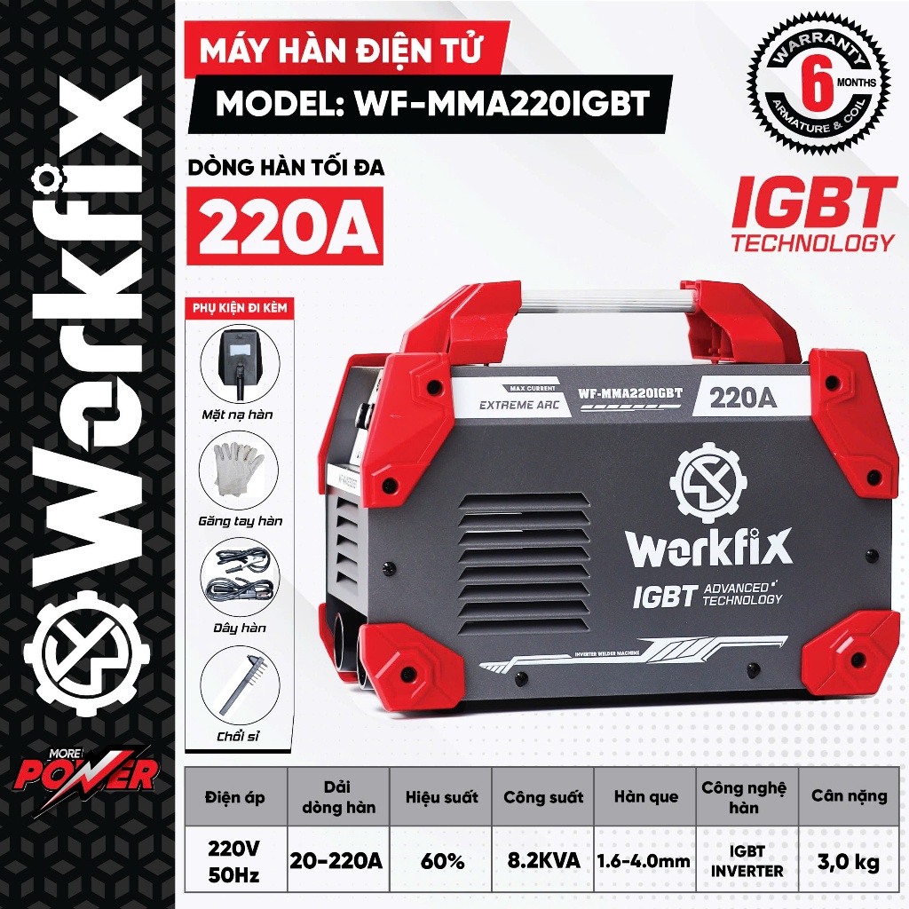 Máy hàn điện WORKFIX WF-MMA220IGBT Hàn que 1.6 - 4.0mm, Đánh lửa hồ quang nhiệt, lực đẩy, chống dính