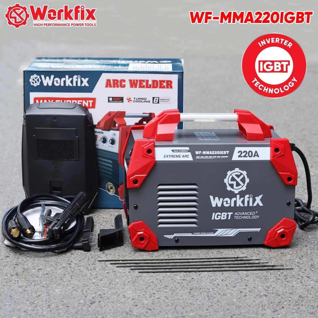 Máy hàn điện WORKFIX WF-MMA220IGBT Hàn que 1.6 - 4.0mm, Đánh lửa hồ quang nhiệt, lực đẩy, chống dính
