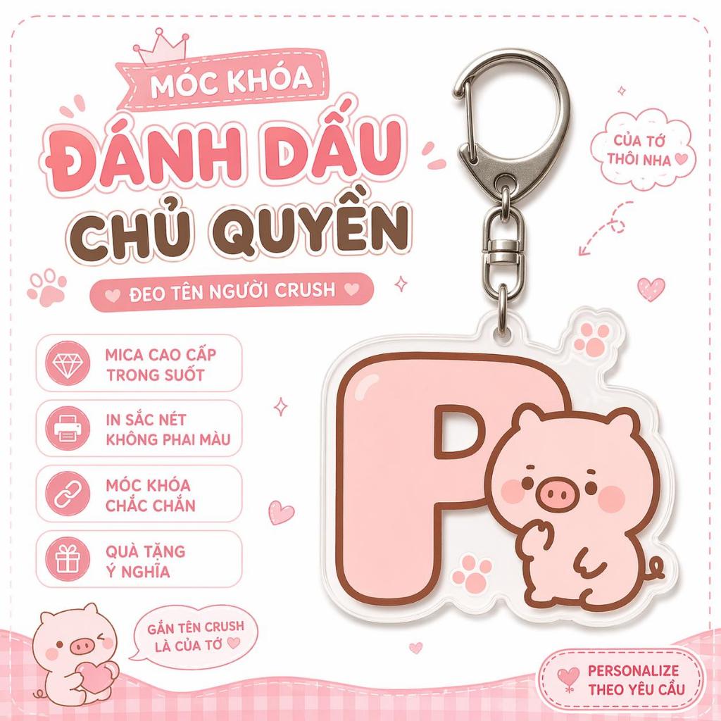 2 Heo Móc Khóa Chữ Cái heo hồng Dễ Thương Mica 2 Mặt Thiết Kế Độc Đáo chất liệu nhựa mica