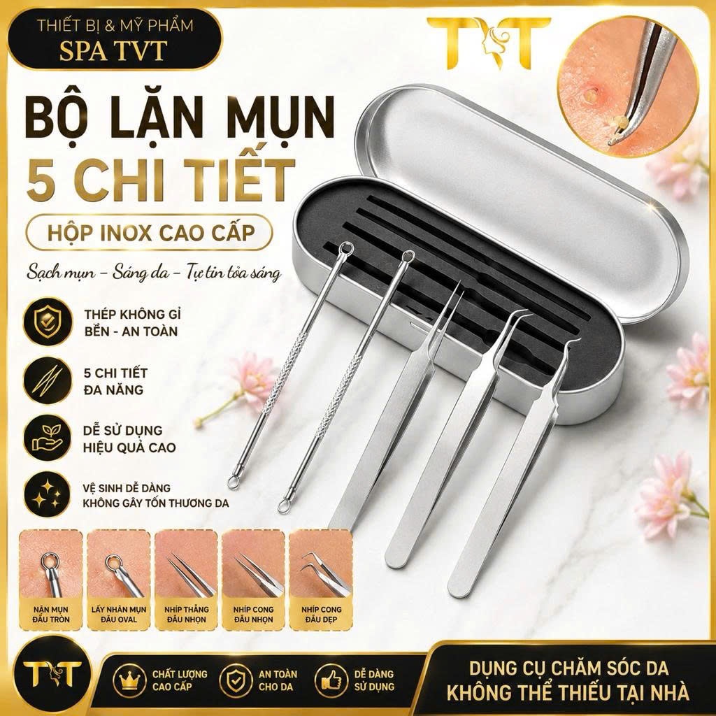 Bộ Nặn Mụn 5 Cây Inox Kèm Hộp Thép Không Gỉ – Dụng Cụ Lấy Nhân Mụn Đầu Đen, Mụn Cám, Mụn Ẩn