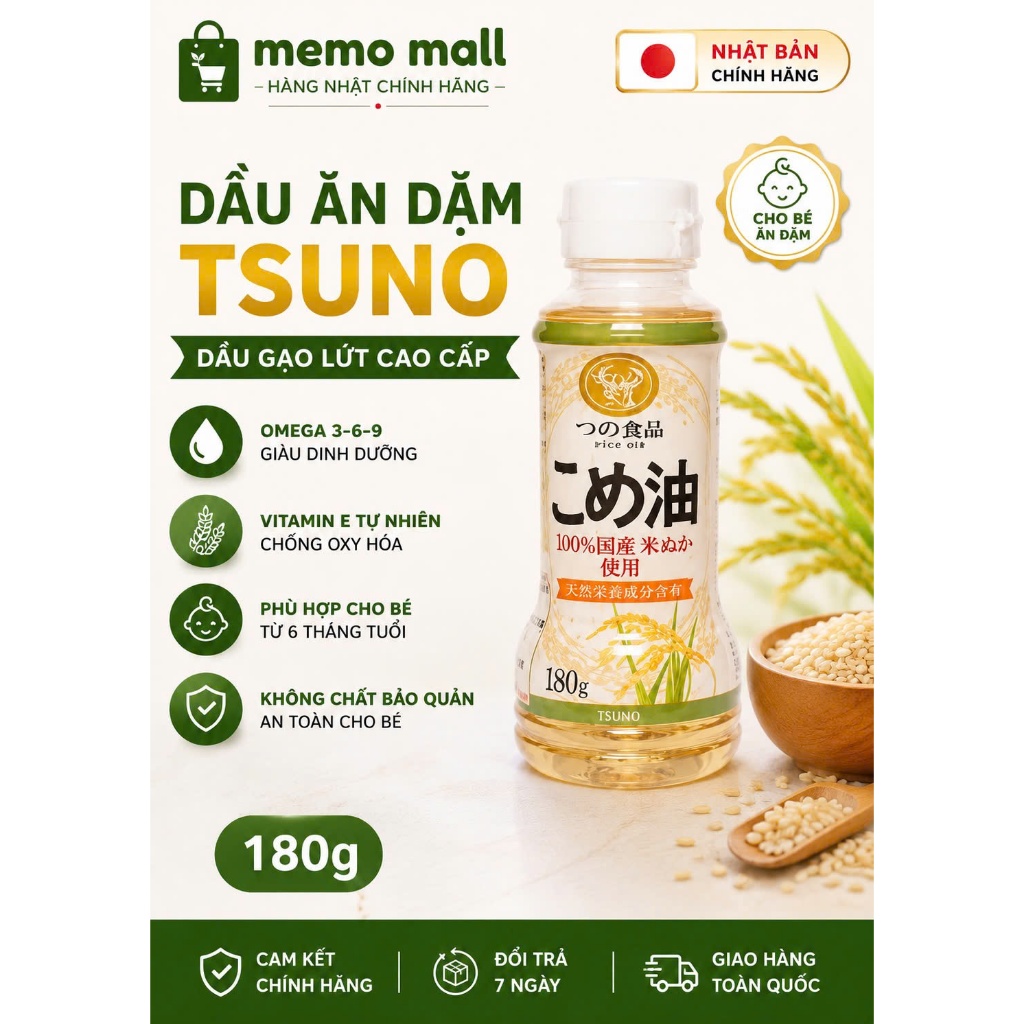 Date 22/09/2026 Dầu Ăn Dặm Tsuno Nhật Bản 180g - Dầu Gạo Lứt Cho Bé, Dầu Gạo Nhật Giàu Omega 3 6 9 Vitamin E