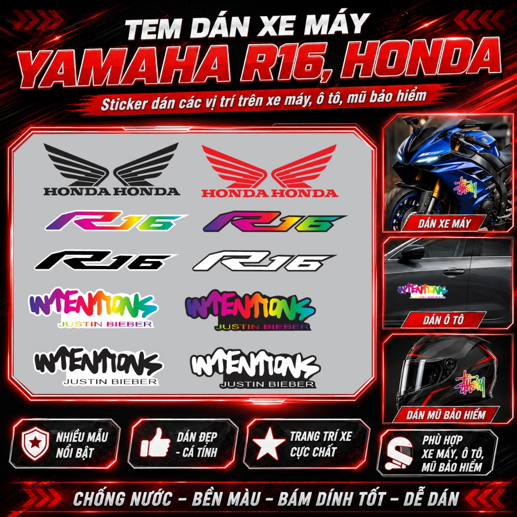 Tem Dán Xe Máy  R15 V3 Yamaha, Honda,  Decal Trang Trí Xe, Sticker Dán Các Vị Trí Trên Xe, Decal Cao Cấp Chống Nước