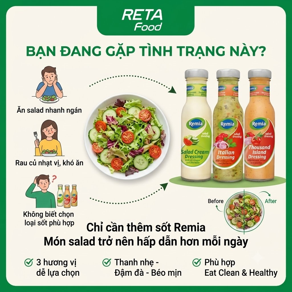 Sốt Salad Remia 250ml-Italian Dressing, Thousand Island, Salad Cream-Xốt Salad Rau Củ Eat Clean Healthy-Nhập khẩu Hà Lan