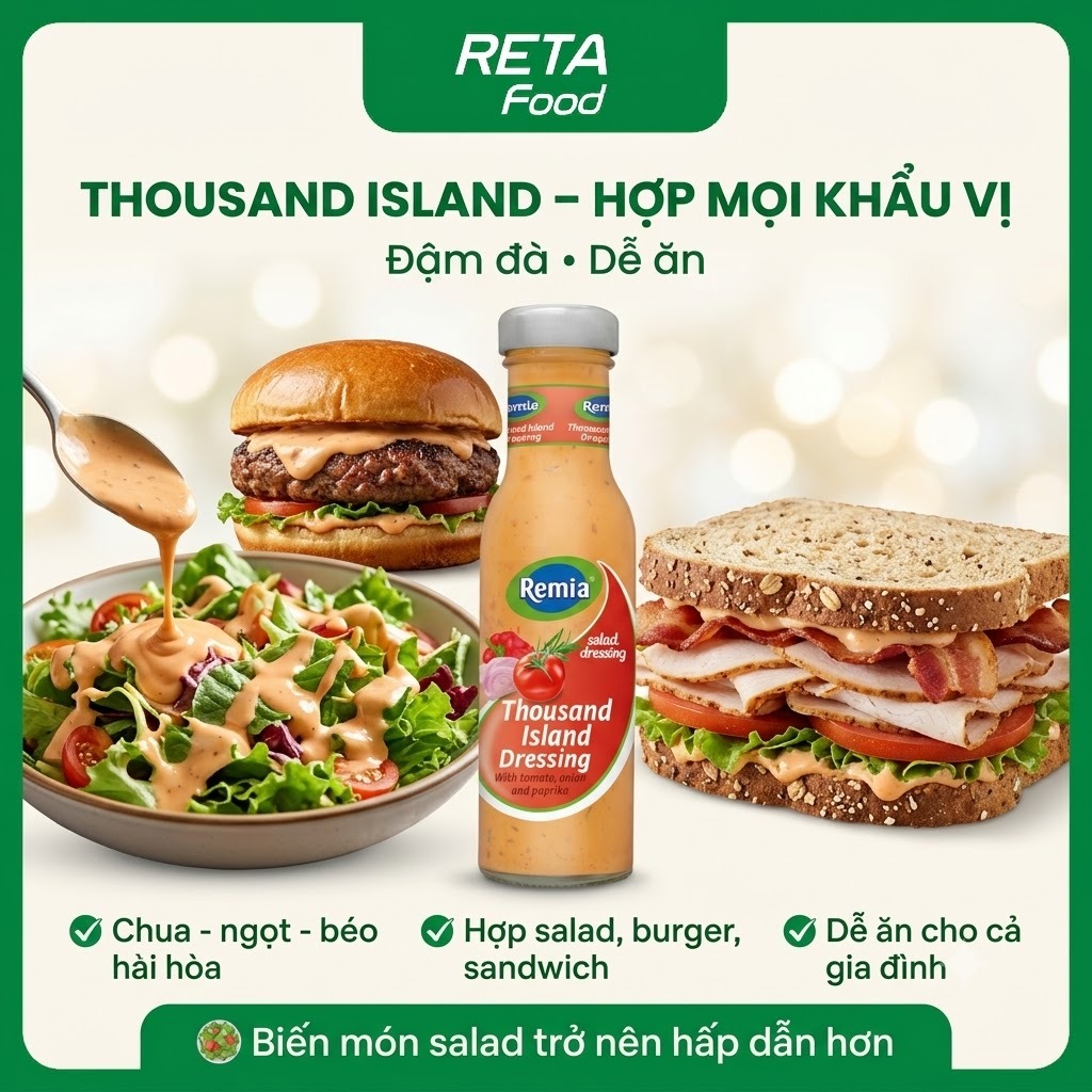 Sốt Salad Remia 250ml-Italian Dressing, Thousand Island, Salad Cream-Xốt Salad Rau Củ Eat Clean Healthy-Nhập khẩu Hà Lan