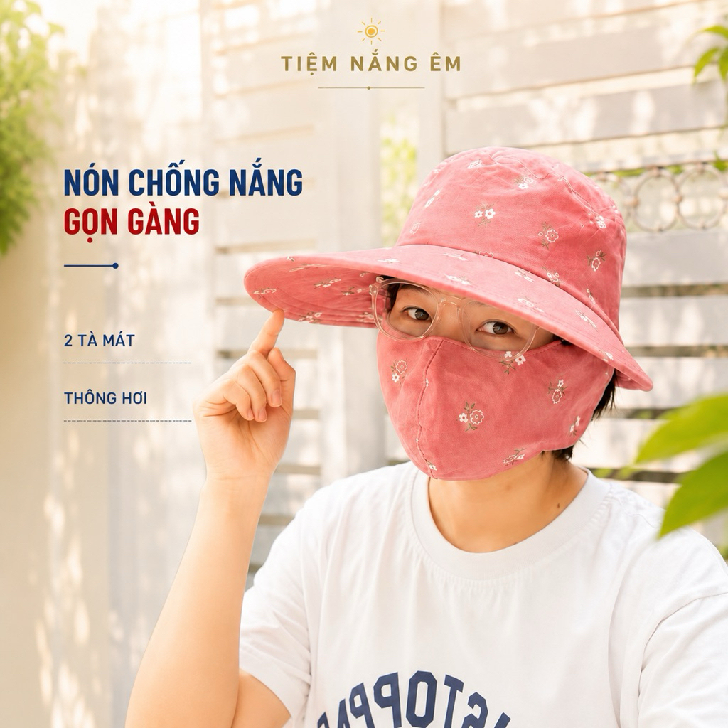 Nón mũ chống nắng kèm khẩu trang vải đũi mát, che kín mặt, freesize