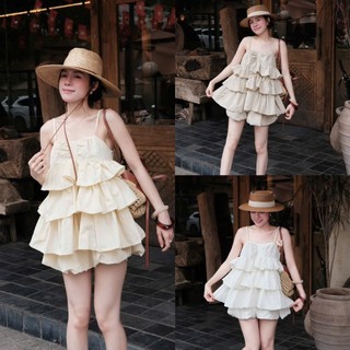 Set Bộ Đồ Nữ Gió Nhăn Áo 2 Dây Ngực Nhún Nơ Bèo Tầng Mix Quần Bí Phồng Gấu