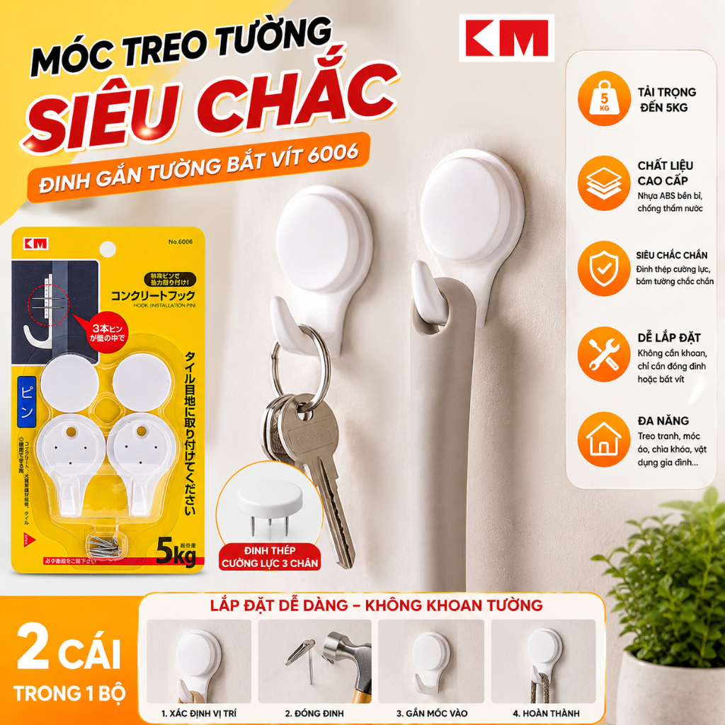 MÓC TREO TƯỜNG SIÊU CHẮC – ĐINH GẮN TƯỜNG BẮT VÍT 6006 (BỘ 2 CÁI) – TẢI TRỌNG ĐẾN 5KG