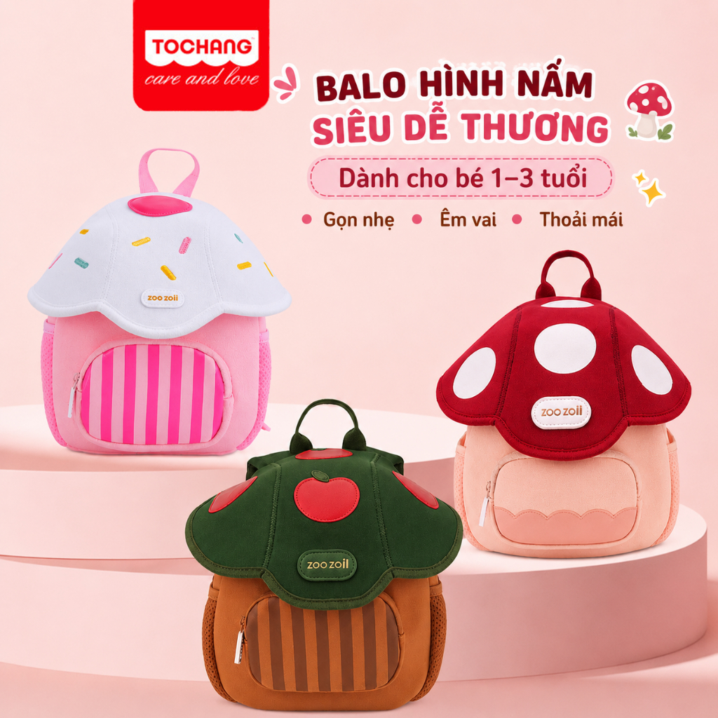 (1-3 tuổi - 26cm) balo nấm cho bé trai bé gái mầm non trẻ em mẫu giáo đi học cho bé Từ 1-3 Tuổi